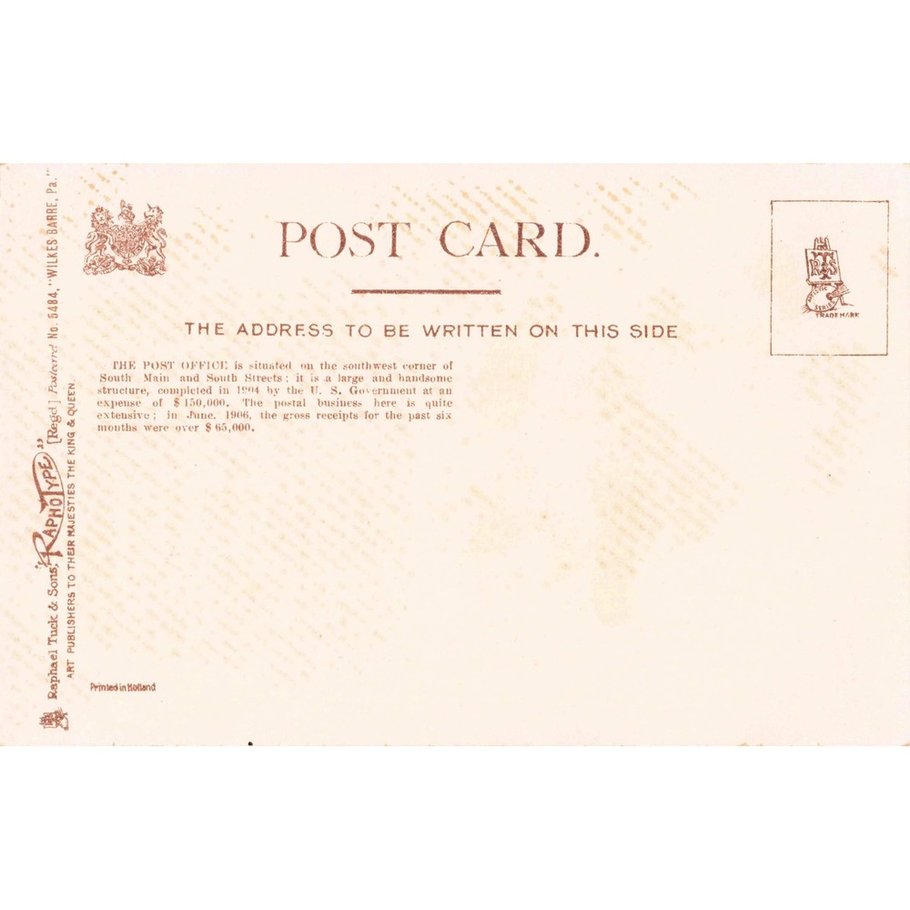 Wilkes-Barre Pennsylvania PA Post Office Tuck Antique Undivided Back Postcard - Picture 2 of 2